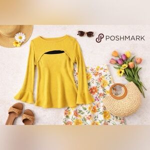 Doe & Rae Golden Yellow Cutout Ribbed Crew Sweater large NWOT